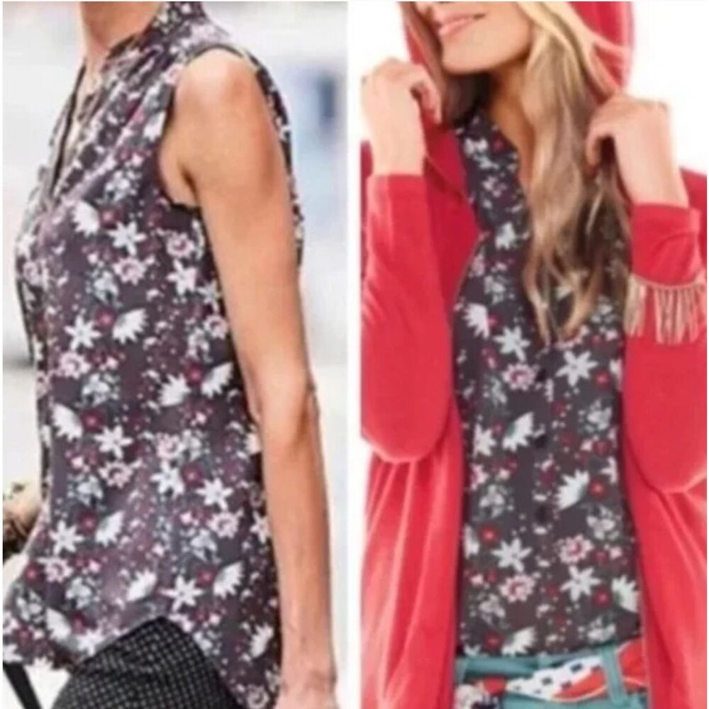 CAbi #5210 Plaza Top Floral Sleeveless Half Button Blouse Gray Women's Medium